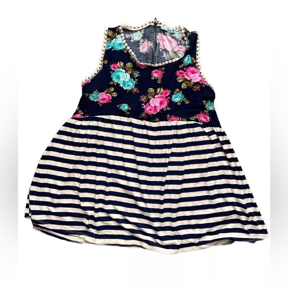 PS Kate Navy Pink Floral Striped Boutique Tank Top Small